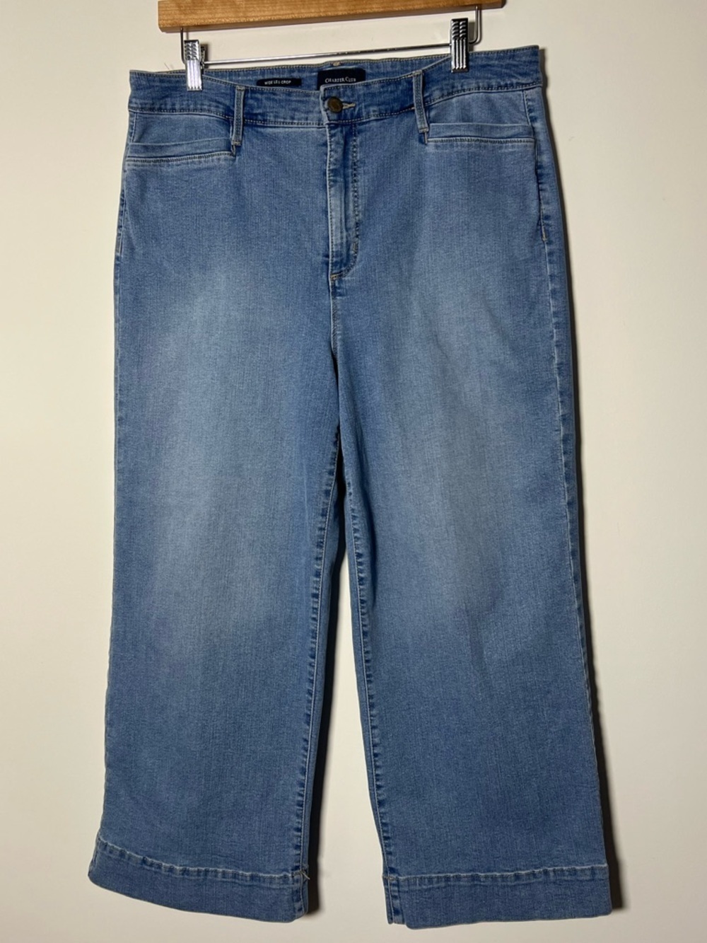 High Rise Wide Leg Cropped Denim Jeans Stretch Tummy Slimming Blue